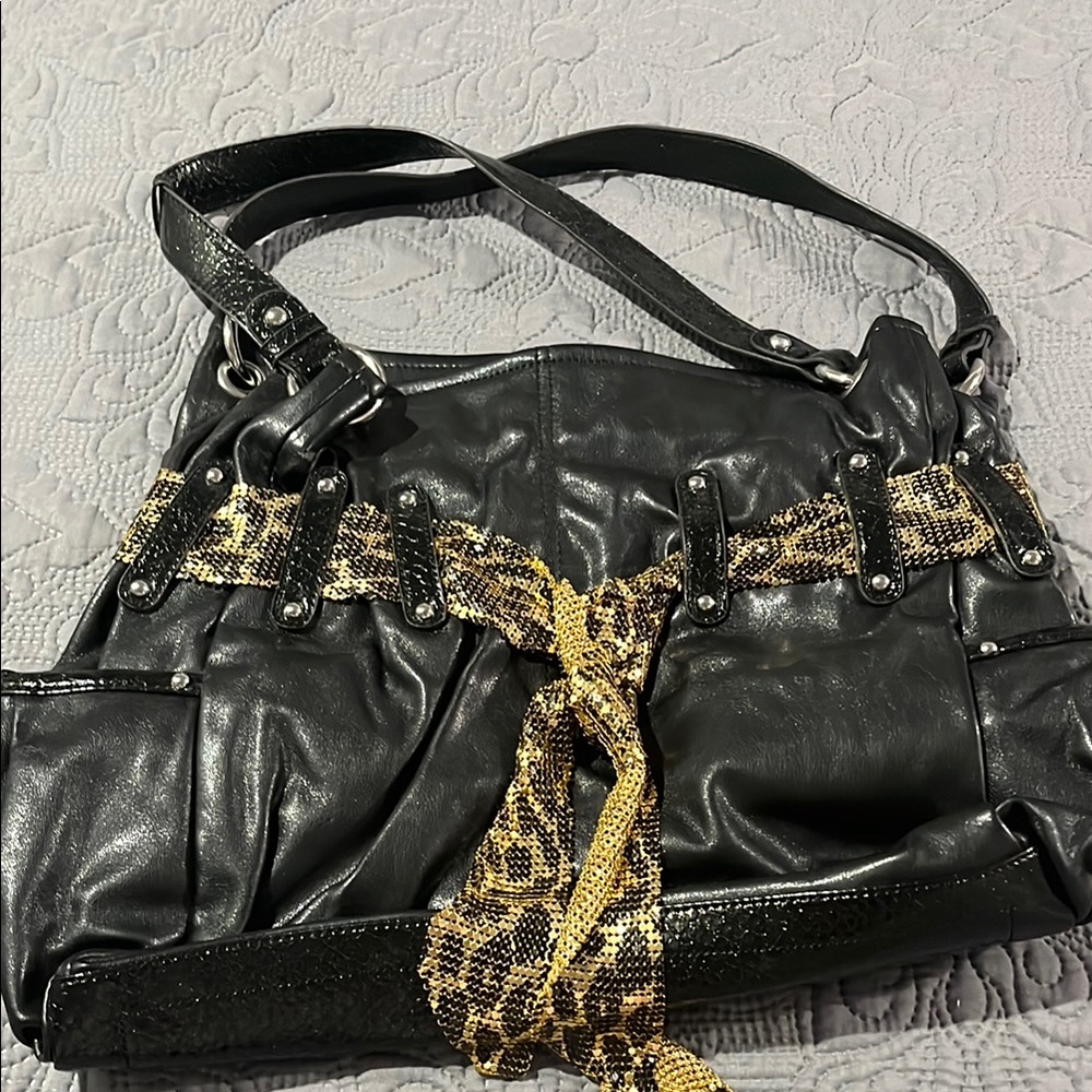 Kathy Van Zeeland Black Shoulder Bag with Gold Snake Print